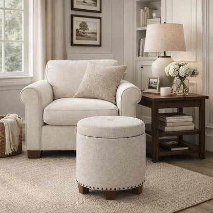 HomePop 18.5" Round Storage Ottoman with Nailheads - Light Brown Fabric
