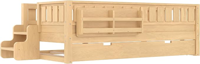Bellemave Twin Size Kids Bed with high Rails and with Built-in Bookshelf and Trundle for Kids, Girls, Boys, Wood Montessori Bed Without Door, Light Natural