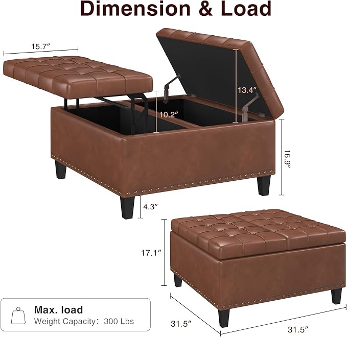 FiveWillowise Square Leather Ottoman with Storage, Faux Leather Coffee Table with Lift Top,Large Upholstered Footrest Stool Toy Box Storage Bench for Bedroom Living Room, Brown