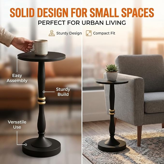 Relso Sceptrum Solid Wood Black Side Table - 24" Tall, Round End Table For Living Room Or Bedroom, Compact Narrow Accent Plant Stand Or Beverage Table With Simple Setup For Small Areas | Easy Assembly