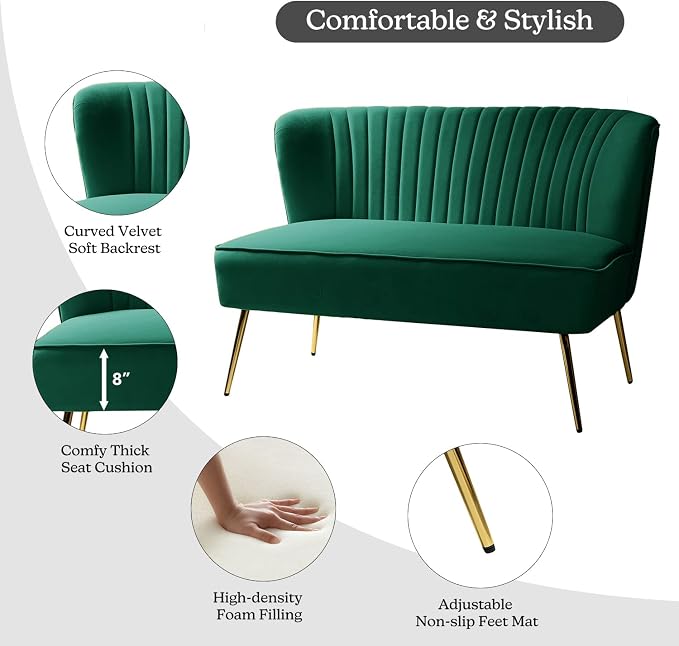 TINA'S HOME Contemporary Velvet Loveseat Sofa, Upholstered Loveseat Couch with Golden Metal Legs, Small Tufted 2-Seat Sofa Armless Love Seat for Living Room, Bedroom, Apartment Small Spaces, Green