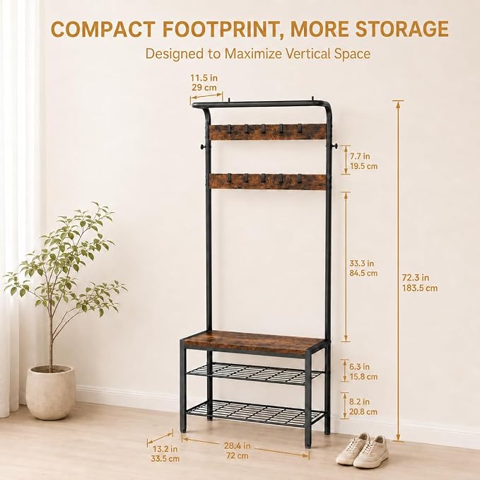 Simple Deluxe 4-in-1 Entryway Coat Rack, Hall Tree with Bench and Shoe Storage, Mudroom Bench with Storage and 10 Hooks Hall Tree Organizer for Entryway, Bedroom, Brown