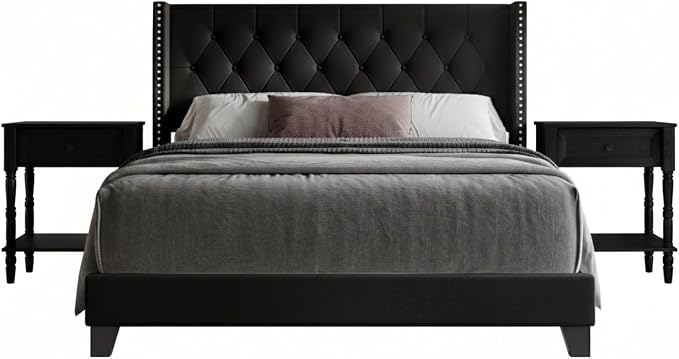 HOME DESIGN Homer King Tufted Wingback Upholstered Panel Bed with 2 Matching 1 Drawer Nightstands, Bedroom Furniture Set with Open Shelf Storage, Black Black