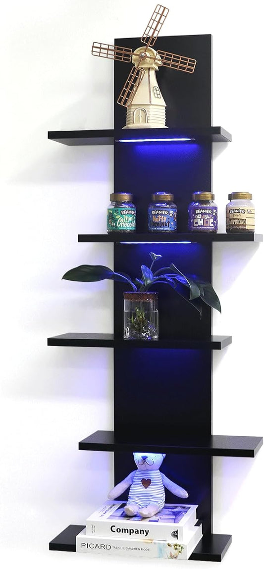 VIWODS 5 Tier Wall Shelf Unit-Black Floating Shelves with Light for Home Decor, Modern Unique Asymmetric Design for Bedroom & Living Room Storage