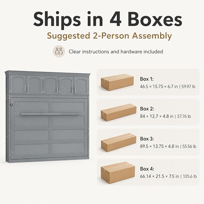 Queen Murphy Bed Cabinet, Wall Bed with Storage, Folding Cabinet Bed with Dual Piston Metal Mechanism, Murphy Cabinet Space Saving Bed for Guest Room, Home Office, Apartment(Gray 2)