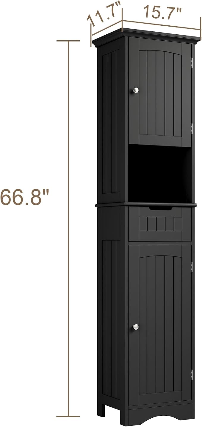 ChooChoo 67" Tall Bathroom Storage Cabinet, Narrow Bathroom Cabinet with 2 Doors and 1 Drawers, Freestanding Cupboard Floor Cabinet with Adjustable Shelves for Living Room, Kitchen, Black