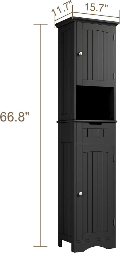 ChooChoo 67" Tall Bathroom Storage Cabinet, Narrow Bathroom Cabinet with 2 Doors and 1 Drawers, Freestanding Cupboard Floor Cabinet with Adjustable Shelves for Living Room, Kitchen, Black