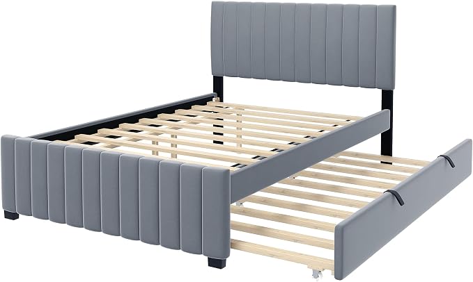 Bellemave Full Bed Frame with Trundle Bed,Velvet Upholstered Platform Bed Frame,Full Size Trundle Bed with Headboard for Kids Teens Adults(Gray)