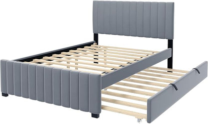 Bellemave Full Bed Frame with Trundle Bed,Velvet Upholstered Platform Bed Frame,Full Size Trundle Bed with Headboard for Kids Teens Adults(Gray)
