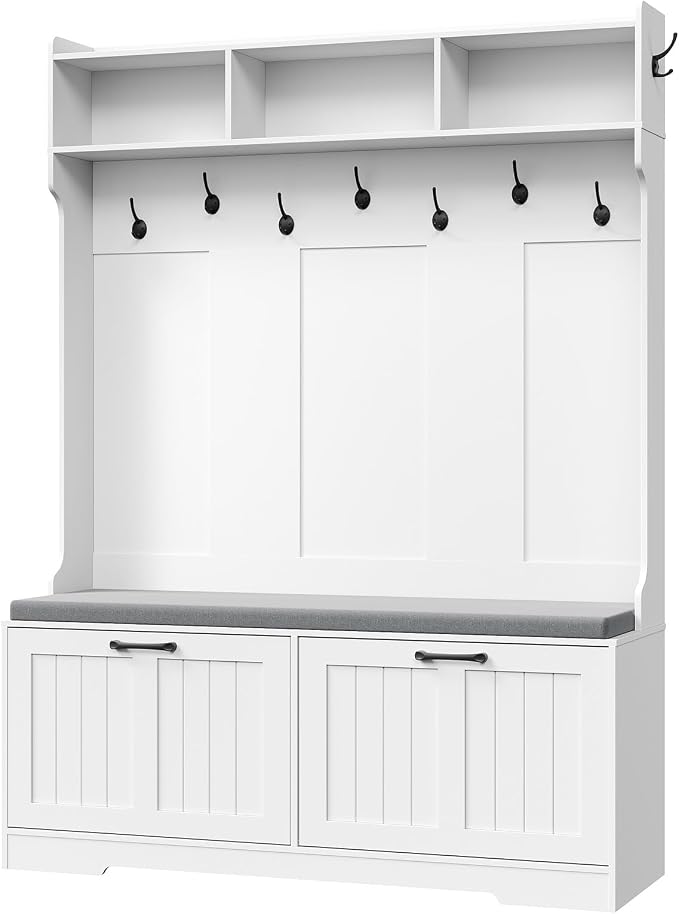 HOOBRO Hall Tree with Bench, 47.2" Hall Tree with Shoe Storage | Entryway Coat Rack, Shoe Bench with Storage, Farmhouse Hall Tree, 9 Coat Hooks, Adjustable Shelves, for Hallway, White
