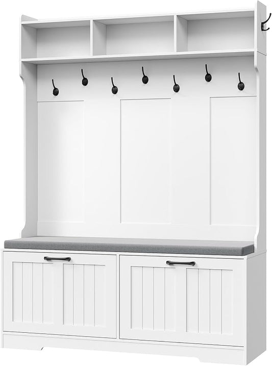 HOOBRO Hall Tree with Bench, 47.2" Hall Tree with Shoe Storage | Entryway Coat Rack, Shoe Bench with Storage, Farmhouse Hall Tree, 9 Coat Hooks, Adjustable Shelves, for Hallway, White