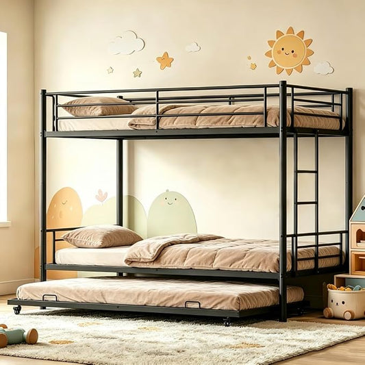 Metal Triple Bunk Bed, Twin Over Twins with Trundle, Heavy Duty Beds Frame with Ladder and Safety Rails for Small Bedroom, Space-Saving Noise Free (Black)