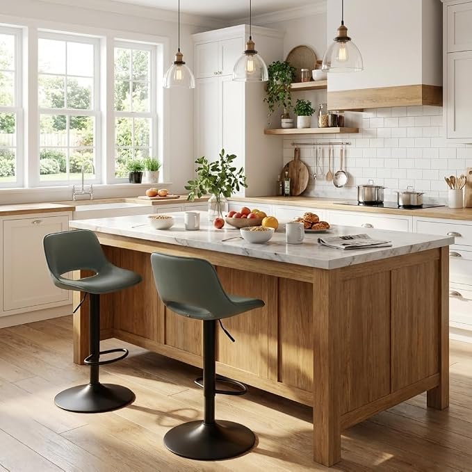 YOUNIKE Bar Stools Set of 2 Modern Swivel Barstools, Adjustable Counter Height Bar Stools Faux Leather Upholstered Counter Stools with Hollow Back for Kitchen Island, Greyish Green