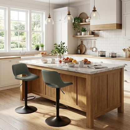 YOUNIKE Bar Stools Set of 2 Modern Swivel Barstools, Adjustable Counter Height Bar Stools Faux Leather Upholstered Counter Stools with Hollow Back for Kitchen Island, Greyish Green