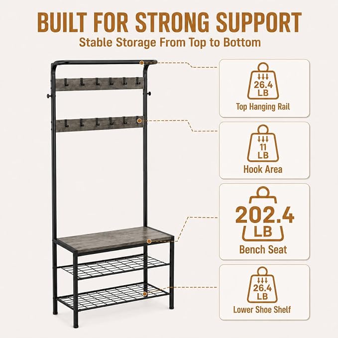 Simple Deluxe 4-in-1 Entryway Coat Rack, Hall Tree with Bench and Shoe Storage, Mudroom Bench with Storage and 10 Hooks Hall Tree Organizer for Entryway, Bedroom, Grey
