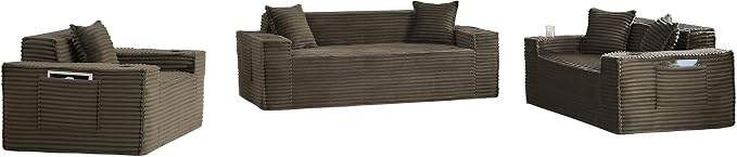 3 Pcs Living Room Cloud Sofa Set, Boneless Sofa Couch with Cup Holder and Side Pocket for Compact Living Rooms, Apartments (Brown, Single Chair + Loveseat+ 3 Seat Sofa)