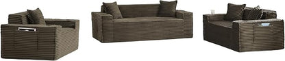 3 Pcs Living Room Cloud Sofa Set, Boneless Sofa Couch with Cup Holder and Side Pocket for Compact Living Rooms, Apartments (Brown, Single Chair + Loveseat+ 3 Seat Sofa)