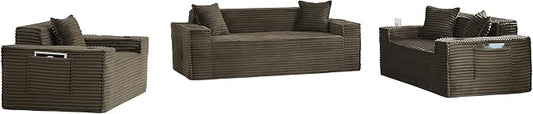 3 Pcs Living Room Cloud Sofa Set, Boneless Sofa Couch with Cup Holder and Side Pocket for Compact Living Rooms, Apartments (Brown, Single Chair + Loveseat+ 3 Seat Sofa)