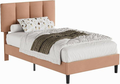 VECELO Twin Size Bed Frame with Upholstered Headboard, Heavy-Duty Bedframe with Wooden Slats & Steel Framework, Easy Assembly, Coffee
