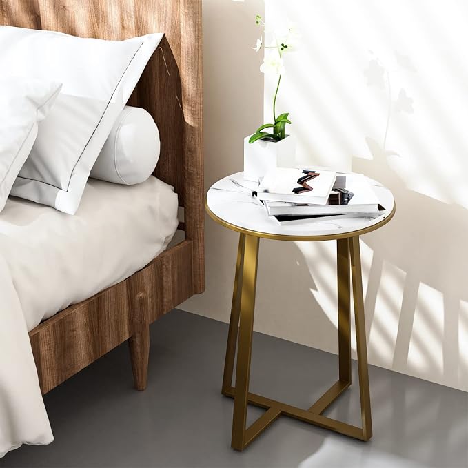Dorriss Round End Tables, Small Side Table White Marble Texture MDF Top,Metal Frame Gold Color, Tall End Table for Bed Room,Coffee Tea End Table for Living Room (White Marble+Gold)