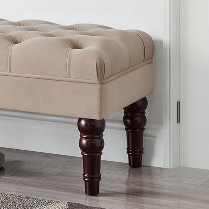 24KF Velvet Upholstered Buttons Tufted Entryway Bench with Solid Wood Leg,Bed Bench Ottoman with Padded Seat,5061N-Taupe