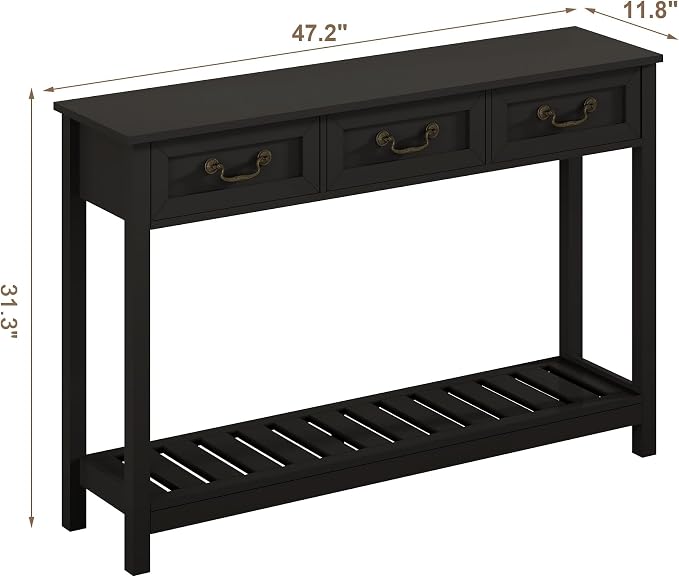 ChooChoo Console Table with 3 Drawers, Rustic Entryway Table, Narrow Long Sofa Table for Living Room, Hallway, Behind Couch, Black