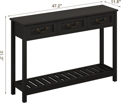 ChooChoo Console Table with 3 Drawers, Rustic Entryway Table, Narrow Long Sofa Table for Living Room, Hallway, Behind Couch, Black