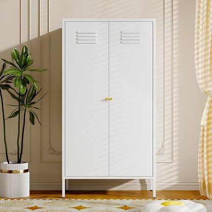 2 Door Metal Cabinet with Hanging Rod and 2 Freely Adjustable Shelves,Storage Locker Cabinet Closet for Home,Office,Garage (Storage Cabinet, White)