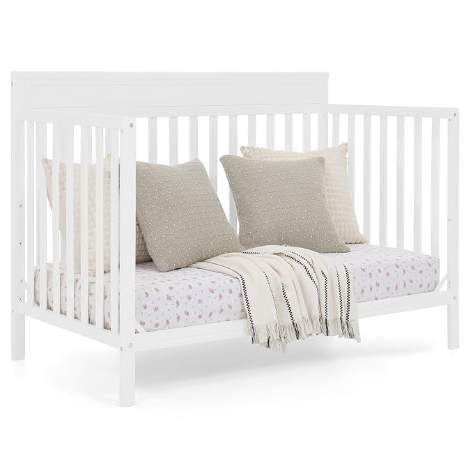 Delta Children Isabelle 6-in-1 Convertible Crib, Converts to Toddler Bed, Daybed, Sofa & Full Bed with/Without Footbaord, Greenguard Gold Certified, Mattress Heights, Bianca White
