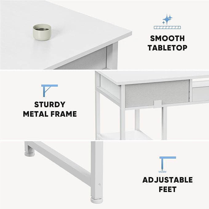 DUMOS 48" Small Computer Home Office Desk for Bedroom with Drawers, Gaming Writing Study Table with Storage Shelf, Adjustable Feet, Compact Desk for Gaming and Home Office Use, White