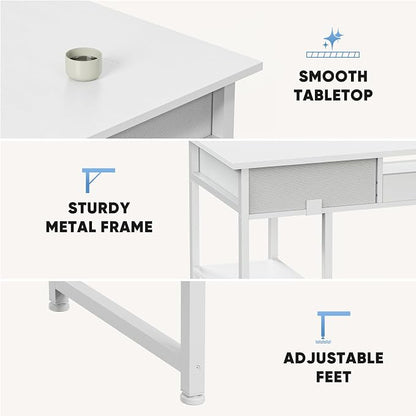 DUMOS 48" Small Computer Home Office Desk for Bedroom with Drawers, Gaming Writing Study Table with Storage Shelf, Adjustable Feet, Compact Desk for Gaming and Home Office Use, White