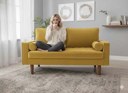 Container Furniture Direct Womble 58 Inch Velvet Loveseat Sofa with Elegant Button Tufted Upholstery, Square Arms, Splayed Wood Legs, Includes Matching Bolster Pillows, Goldenrod