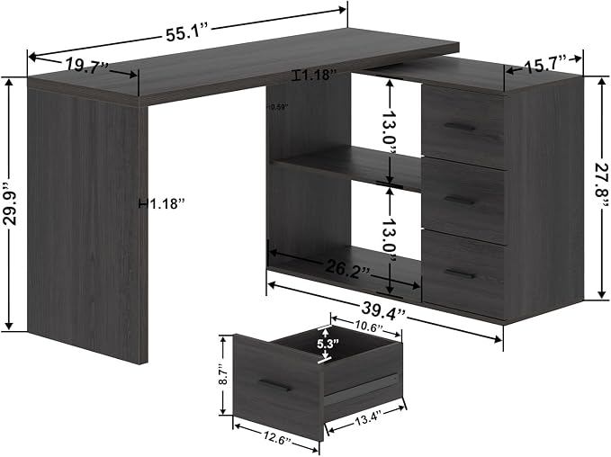 HSH Dark Grey L Shaped Computer Corner Desk with 3 Storage Drawers 55 inch | Reversible Home Office Corner Desk with 2 Open Side Shelves Modern Wood Executive L Desks for Bedroom,Study Workstation
