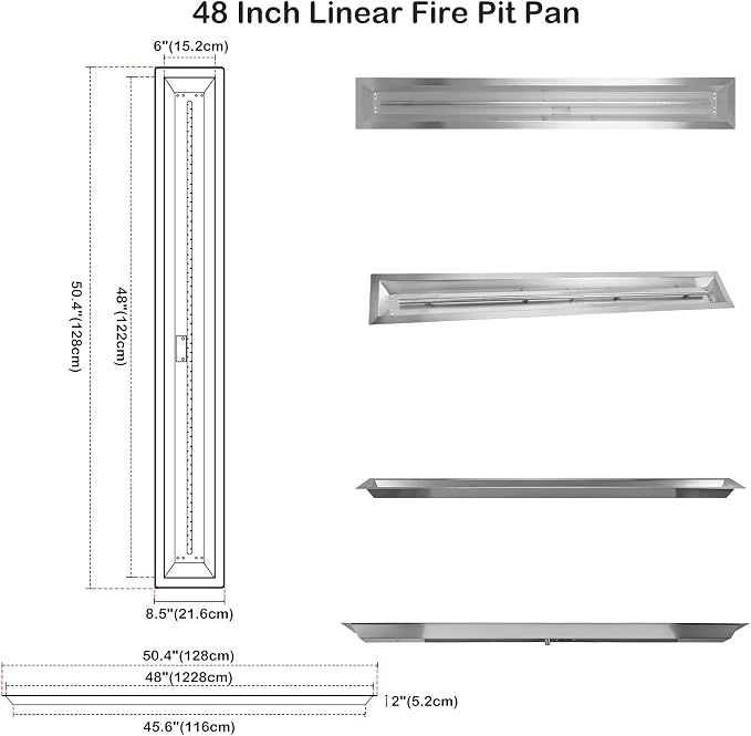 Stanbroil 48 by 6-Inch Drop-in Linear Trough Fire Pit Burner, 304 Stainless Steel Gas Fire Pit for Outside, BTU 91,000 Max
