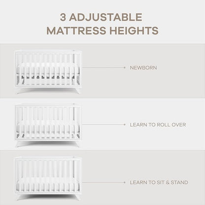 Comfy Cubs Baby Crib for 0 to 3 Years - Adjustable Mattress Height, Natural Wooden Crib for Baby, Elegant Nursery Furniture - 80 lbs Capacity Nursery Bed, Designed in The US - All White