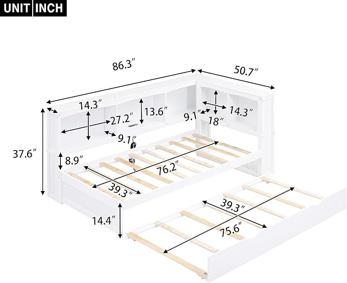 Bellemave Twin Corner Bed Frame with Trundle and USB Ports, Wood Twin Daybed with L-Shaped Bookcase，Daybed with Storage Cabinets, White
