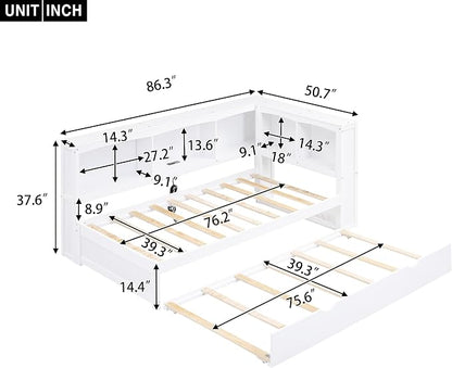 Bellemave Twin Corner Bed Frame with Trundle and USB Ports, Wood Twin Daybed with L-Shaped Bookcase，Daybed with Storage Cabinets, White