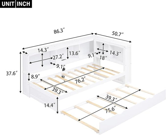 Bellemave Twin Corner Bed Frame with Trundle and USB Ports, Wood Twin Daybed with L-Shaped Bookcase，Daybed with Storage Cabinets, White