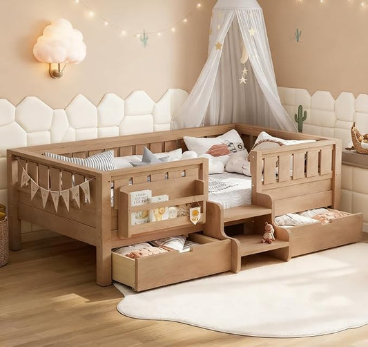 Bellemave Twin Size Kids Bed with high Rails and with Built-in Bookshelf and Drawers for Kids, Girls, Boys, Wood Montessori Bed Without Door, Natural