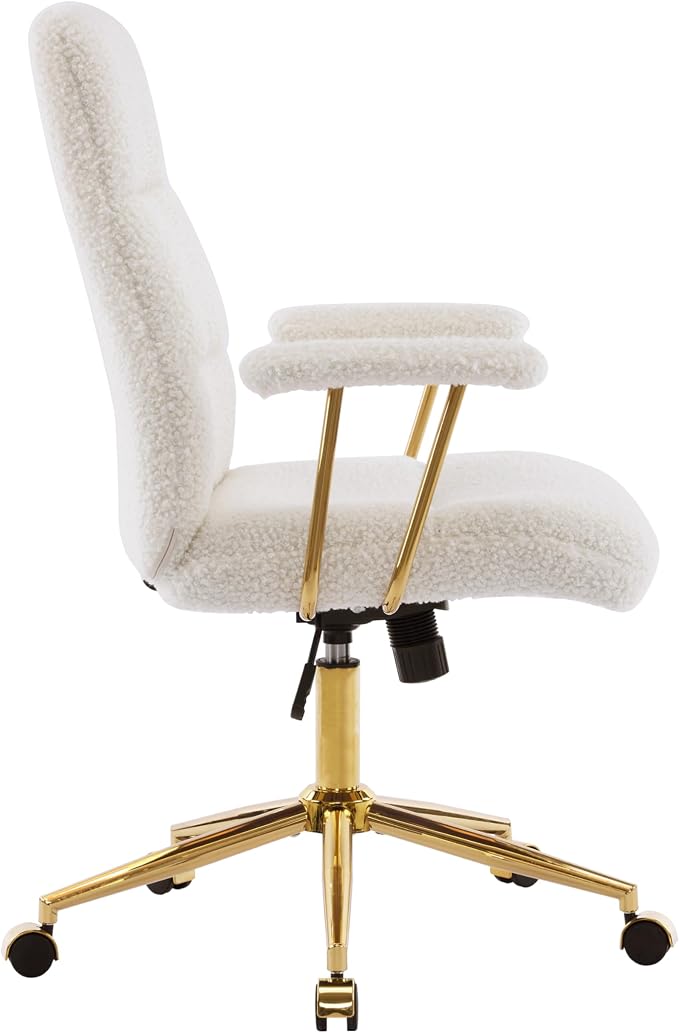 Techni Mobili Boucle Office Chair, Adjustable Desk Chair, White & Gold | White boucle office chair, gold base, padded seat, height adjustable, modern desk chair, textured fabric, swivel, ergonomic