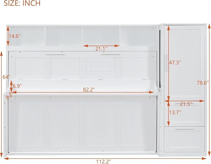 Virubi Queen Murphy Bed with Storage Shelves,Drawers and Wardrobe Closet,Wood Folding Murphy Wall Bed Cabinet (White)