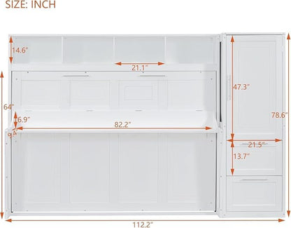 Virubi Queen Murphy Bed with Storage Shelves,Drawers and Wardrobe Closet,Wood Folding Murphy Wall Bed Cabinet (White)