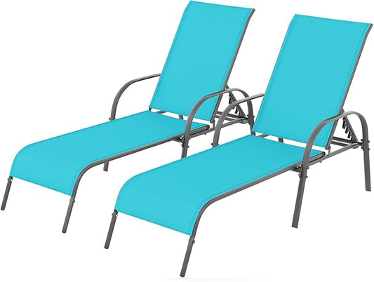 Giantex 2 Pack Patio Lounge Chair, Outdoor Chaise Lounge with 5 Adjustable Backrest, Sturdy Steel Frame, Sunbathing Recliner, Tanning Chair for Beach, Outside, Yard, Balcony, Pool Chairs (2,Turquoise)