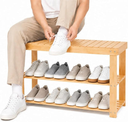 Shoe Rack Bench, 3-Tier Shoe Storage Organizer for Entryway , Shoe Shelf for Small Spaces, Multi-Functional Side Table Plant Stand, Shoe Stand for Bedroom, Living Room, Closet, Front Door, Natural