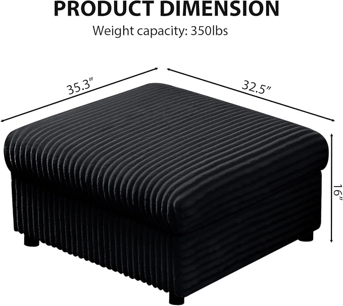 35" Corduroy Ottoman with Storage, Oversized Storage Ottoman for Living Room, Large Square Ottoman for Sofa Couch, Black