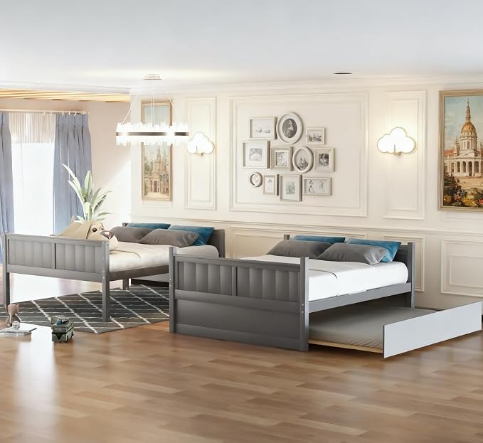 Bellemave Bunk beds Full Over Full with Twin Size Trundle, Low bunk Bed for Kids Adults and Teenagers，Gray