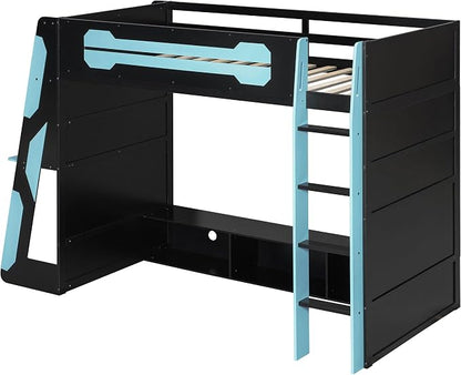 Merax Twin Size Loft Bed with Desk, Multi-Storage Shelves and RGB Light | Space-Saving Wooden Gaming Bed Frame with Charging Station and Guardrail