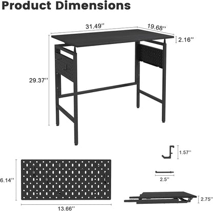 Hadulcet 31'' Folding Desk, Black Portable Desk with Pegboard Storage, Small Folding Computer Table for Bedroom, Portable Computer Desk for Study, Space-Saving for RV & Home Office