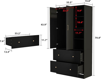 Homsee Wardrobe Armoire Wooden Closet with Mirror, 2 Doors, 2 Drawers, 4 Open Storage Cubes and Hanging Rod for Bedroom, Black (35.5”L x 15.8”W x 70.8”H)