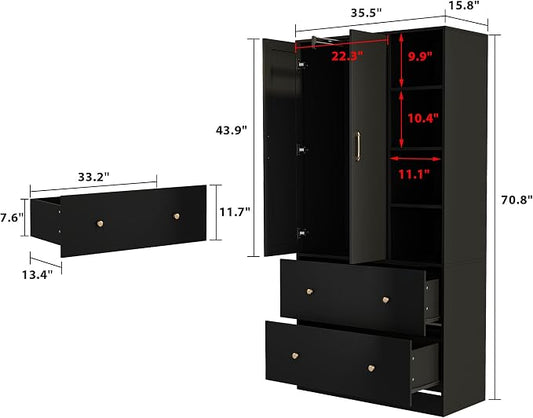 Homsee Wardrobe Armoire Wooden Closet with Mirror, 2 Doors, 2 Drawers, 4 Open Storage Cubes and Hanging Rod for Bedroom, Black (35.5”L x 15.8”W x 70.8”H)